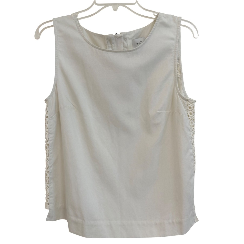 HD in Paris Anthropologie Boho Cream Sleeveless Crochet Trim Linen Blend Top 10
